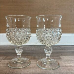 Indiana Glass Company Diamond Point Glass Wine Goblet 7 Inch Height Set of Two